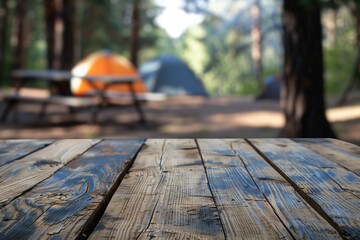 Wall Mural - empty wooden table, blurred camp background