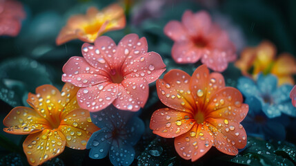 Wall Mural - Close up of a bunch of bright colourful flowers with water droplets Calgary, Alberta, Canada.