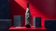A stylish promotional photo of an expensive wine in a bottle among the stones. A bottle of wine on the pedestal or podium in trendy colors and shades