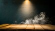 Veil of Mystery: Empty Wooden Table Shrouded in Smoke