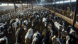 Crowd of cows in a well functioning industrial milking stand