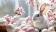 White rabbit with red eyes sitting in front of a window with pink flowers
