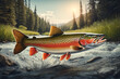 Trout swimming in the river. Trout jumping in the stream. Trout logo.