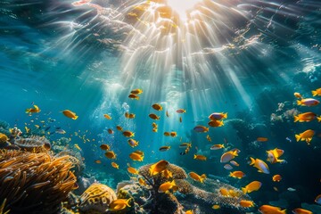 Wall Mural - Sun light streaming through the surface of the ocean with tropical fish swimming by