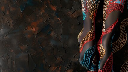 Close-up of textured leggings with mesh cutout pattern against rugged, metallic background