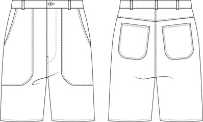 wide pocket pipe leg jean denim cargo short template technical drawing flat sketch cad mockup fashion woman design style model
