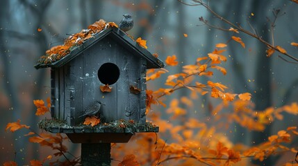 Wall Mural - Birdhouse situated in the autumn forest, blending into the seasonal colors.
