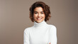 Charming Woman in White Turtleneck Smiling Confidently