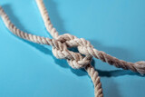 Fototapeta Tulipany - Knot of two ropes on a blue background, concept for teamwork, business and togetherness, copy space, selected focus