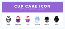 Cup Cake Icon Symbol Set. Outline. Glyph Black. Flat Color And Filled Line Color.