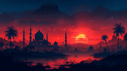 Wall Mural - A vibrant digital illustration featuring a modern interpretation of Islamic patterns, illuminated by the glow of Ramadan Eid Mubarak-2