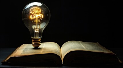 Wall Mural - Light bulb and opened vintage book style dark background. knowledge, and searching for new ideas