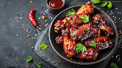 Wall Mural - A plate of delicious crispy barbecue chicken wings with sesame seeds, captured in vibrant colors reminiscent of food photography by Tasty, copy space generative ai images