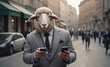 sheep in suit using mobile phone on city street , detailed, 8k uhd, high quality, film grain, canon, 50mm, dramatic light