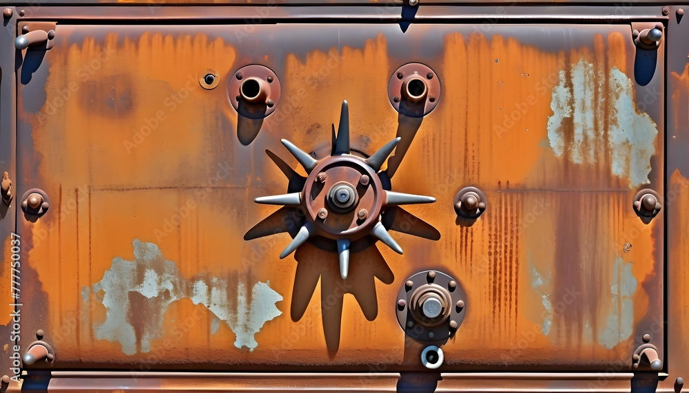 Round Rusty Object Rusty metal surface with a circular abstract metal sculpture, featuring ...