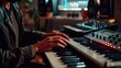 Person playing keyboard in studio with music production equipment background