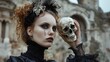 Woman in Gothic attire holding skull against backdrop of ancient ruins