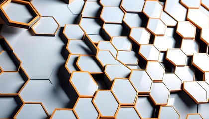 Abstract hexagonal geometric background with a 3D effect in white and orange tones, suitable for technology or science-themed designs.