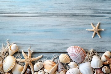 Poster - stock photo of a summer time concept with sea shells and starfish on a blue wooden background Generative AI