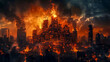 Dramatic digital artwork of a city engulfed in flames against a dusky sky