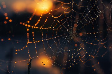 spider web with dew drops in a morning