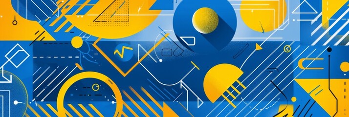 Wall Mural - Blue and yellow background with geometric shapes, including circles, squares, triangles, lines, and arrows Generative AI