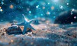 Shells and starfish dot the sandy floor creating a scene of serene and magical beauty in the underwater landscape. Underwater scene concept with bokeh light in blue water.