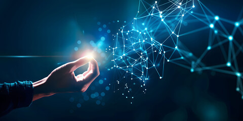 Canvas Print - Fingers touching a glowing digital connection network, data transferring in the style of technology with a hand on a blue background. Concept of Digital transformation and next generation technology.