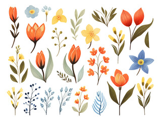 Wall Mural - Minimal botanical elements on white background. Watercolor arrangement with small flowers