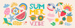 Summer vibe. Set of cute vector illustrations: logo, watermelon, resort,  strawberry, swimsuit, sunglasses, sun, starfish, steering wheel, pineapple, rainbow,  lounger, inflatable ring, umbrella