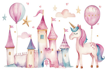 Set of cute watercolor kingdom unicorn and castle for kids book, birthday party vector illustration