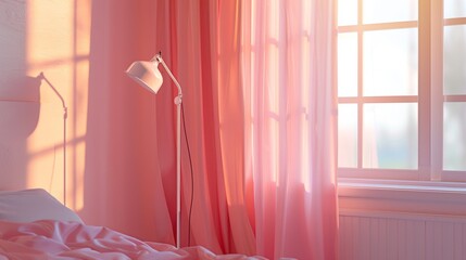 Wall Mural - A lamp sitting on a bed next to the window, AI