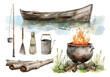 Watercolor fishing set camping and boat icon vector illustration, vintage fishing oil painting