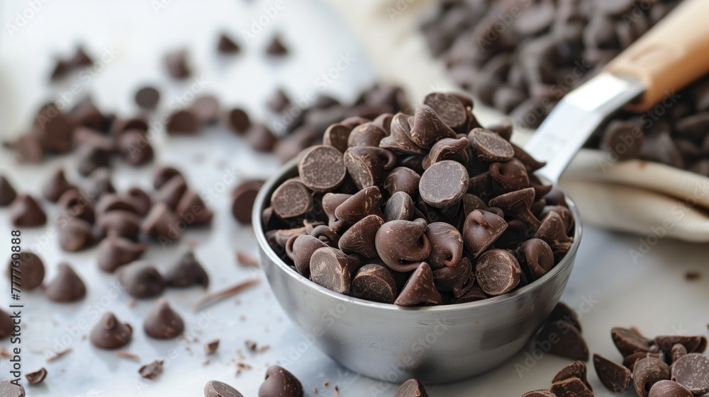 Metal scoop full of chocolate chips in bowl with more scattered around