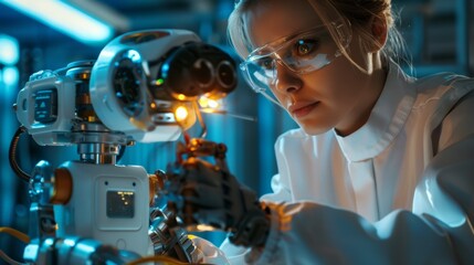 Canvas Print - A woman in white lab coat working on a robot, AI