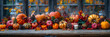 Thanksgiving celebration autumn table,
A festive table with pumpkins various grape varieties flowers and bottles of wine with a glass Autumn still life for Thanksgiving