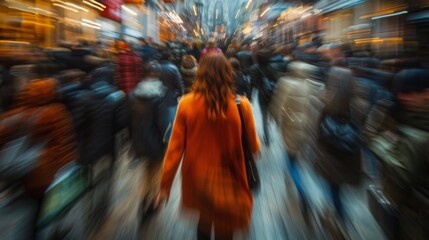 Wall Mural - A blurry image of a woman walking down the street in an orange coat, AI