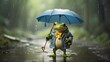 A whimsical frog wearing a tiny raincoat and holding an umbrella, hopping through a puddle-filled forest in the rain.