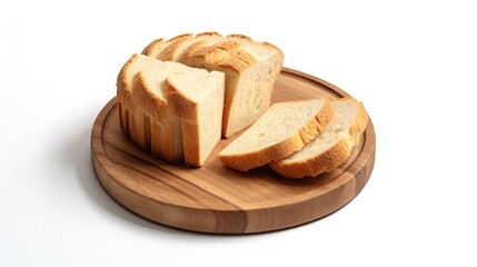 Wall Mural - Sliced of delicious bread on a wooden plate isolated on white background.