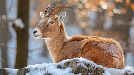 Wall Mural - A goat with long horns sitting on top of a pile of snow, AI