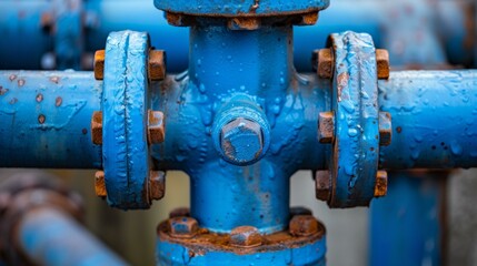 Canvas Print - A close up of a blue pipe with rusted bolts. Generative AI.