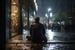 A background of evening rain frames a depressed man, sitting alone on a wet street, a portrait of solitude and the struggles of homelessness.