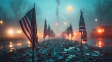 Stars And Stripes In The Mist: Honoring Veterans With American Flags On Blue Fog Background