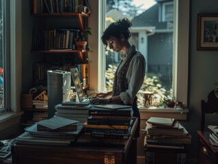 Wall Mural - A woman standing in front of a window with a laptop. Generative AI.