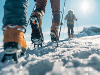 Canvas Print - Two people walking on a snowy trail with ski poles. Generative AI.