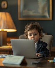 Canvas Print - A young boy in a suit sitting at a desk with a laptop. Generative AI.