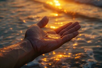 Wall Mural - A person's hand is outstretched in the water at sunset.