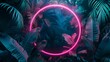 Lush tropical setting with broad leaves illuminated by a neon pink circular light, creating a moody and vibrant atmosphere