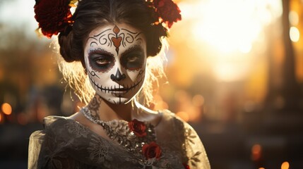 Wall Mural - A vision of elegance in darkness-a female with sugar skull makeup against a cemetery, a celebration of Halloween and tradition.