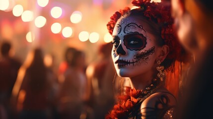 Wall Mural - Halloween drama captured-a female in sugar skull makeup at the Mardi Gras festival, a vision of celebration and horror.